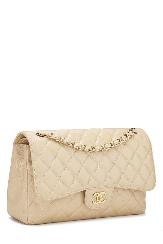 Beige Quilted Caviar New Classic Double Flap Jumbo
