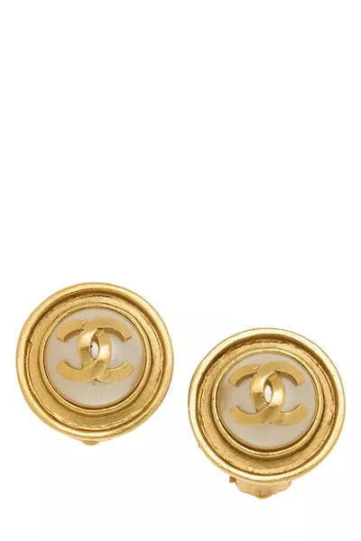Gold & Faux Pearl Button Earrings