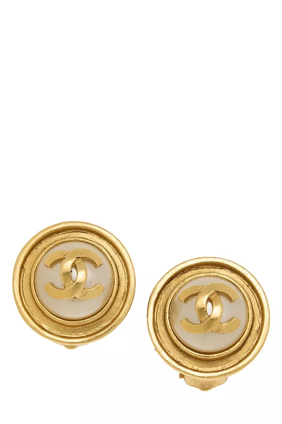 Gold & Faux Pearl Button Earrings, , large image number 0
