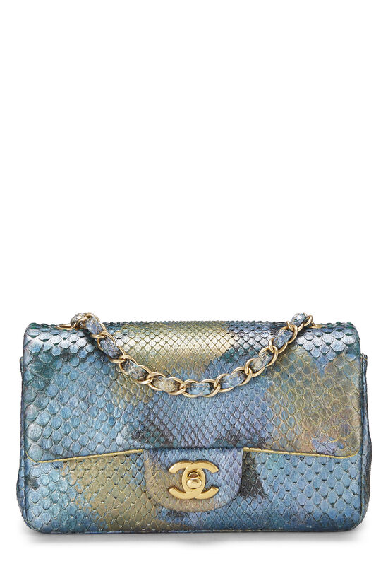 Iridescent Blue Python 'CC' Rectangular Flap Bag Small, , large image number 0