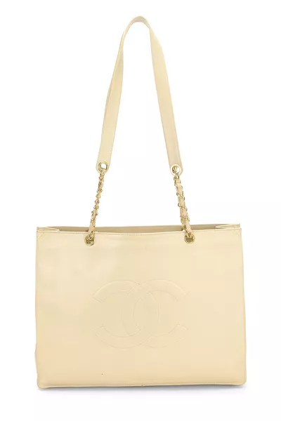 Cream Caviar Flat Chain Handle Tote Large