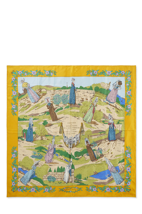 Yellow & Multicolor 'Coiffes Normandes' Silk Scarf 90, , large image number 0
