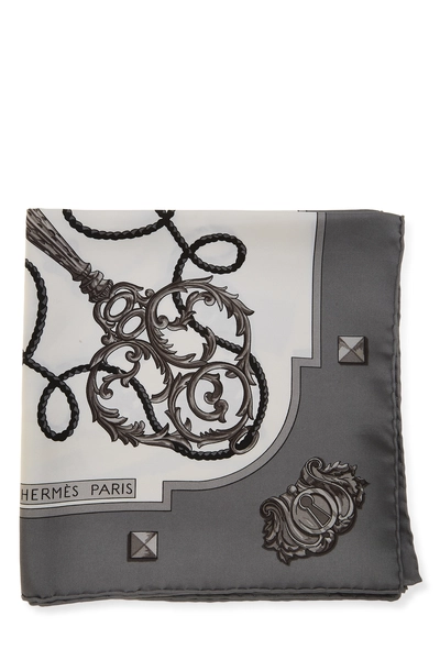 Grey & Multicolor 'Les Cles' Silk Scarf 90, , large