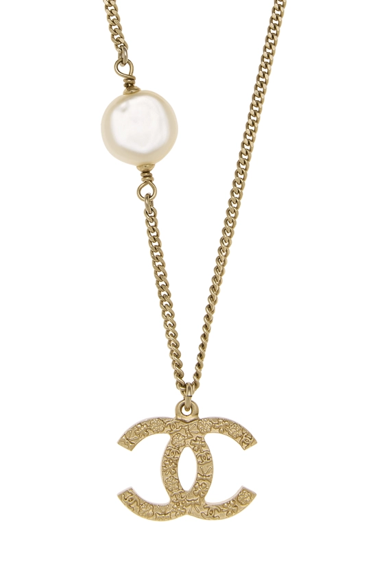 Gold Faux Pearl 'CC' Necklace, , large image number 1