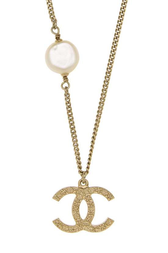 Gold Faux Pearl 'CC' Necklace, , large image number 1