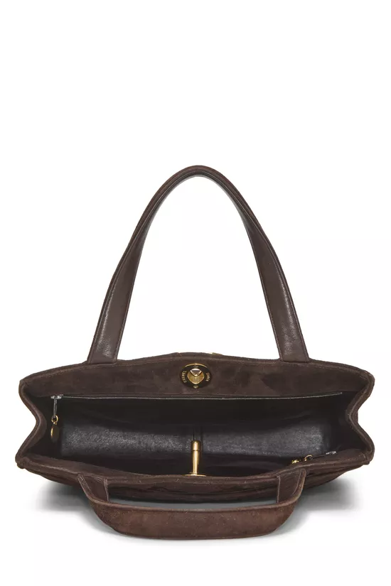 Brown Quilted Suede Turnlock Tote Large, , large image number 5