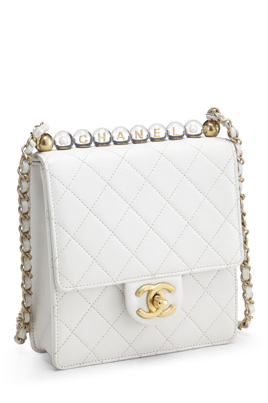 White Quilted Lambskin Chic Pearl Chain Flap Small