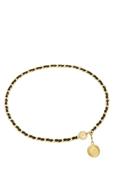 Gold & Black Leather 'CC' Medallion Chain Belt