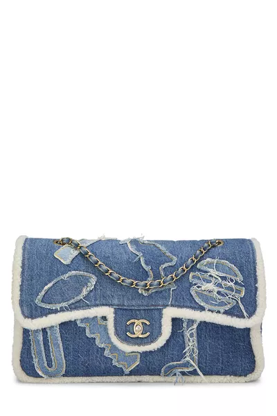 Paris-Egypt Blue Denim & Shearling Hieroglyph Flap Maxi