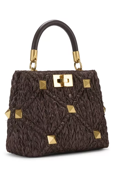 Brown Raffia Roman Stud Top Handle Bag Small, , large