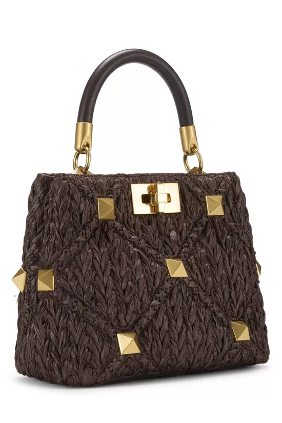 Brown Raffia Roman Stud Top Handle Bag Small, , large image number 1