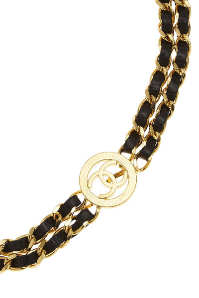 Gold & Black Leather Sunburst Double Chain Belt, , large