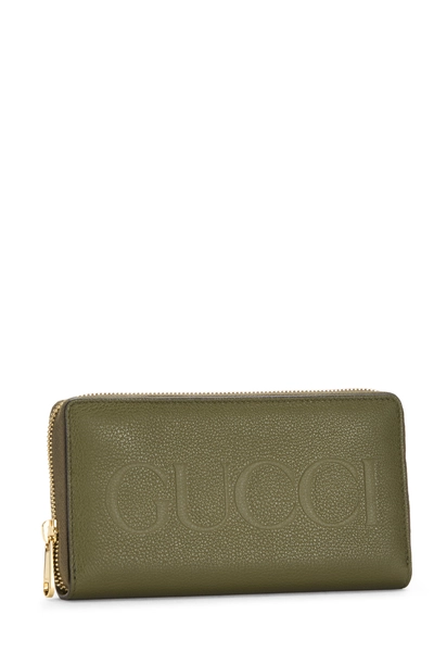 Green Leather Logo Embossed Zip Around Wallet, , large