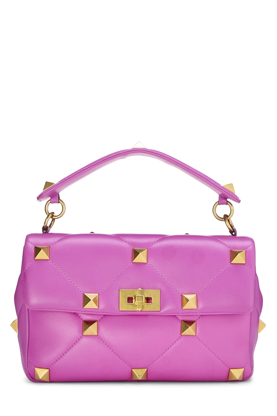 Pink Leather Roman Stud Flap Bag Large, , large image number 0