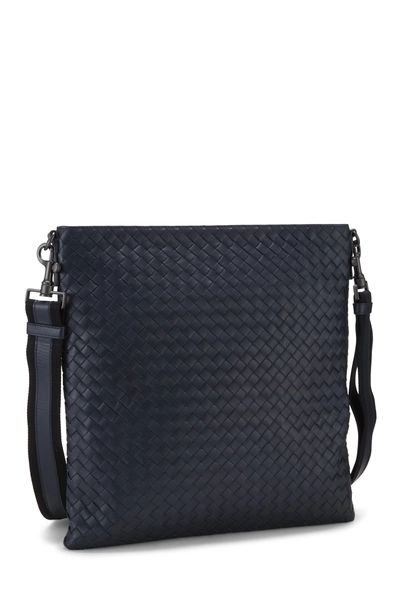 Navy Intrecciato Leather Flat Messenger Bag, , large