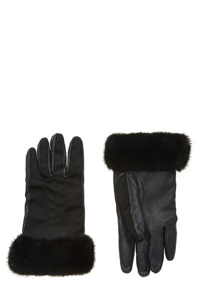 Black Leather Fur Trim Gloves, , large