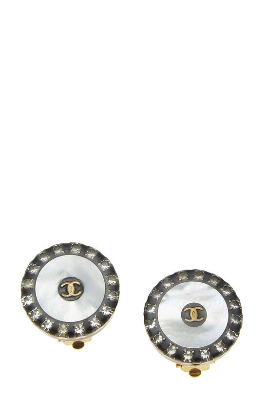 Black & Mother of Pearl 'CC' Crystal Button Earrings, , large image number 1