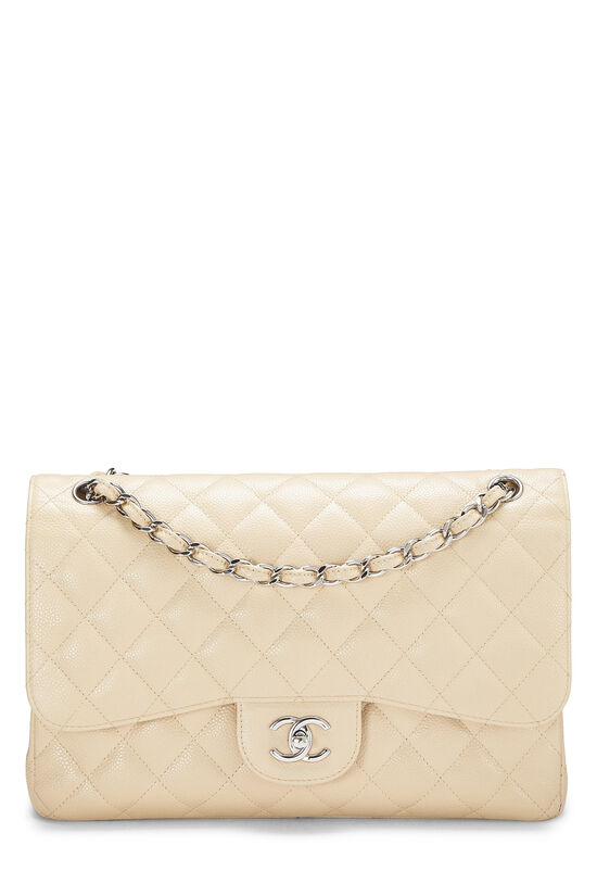 Chanel Classic Pearl White Caviar Double Jumbo Flap Bag - Allu USA