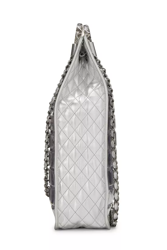 Metallic Silver Quilted Leather Ice Cube Shopping Tote, , large image number 2