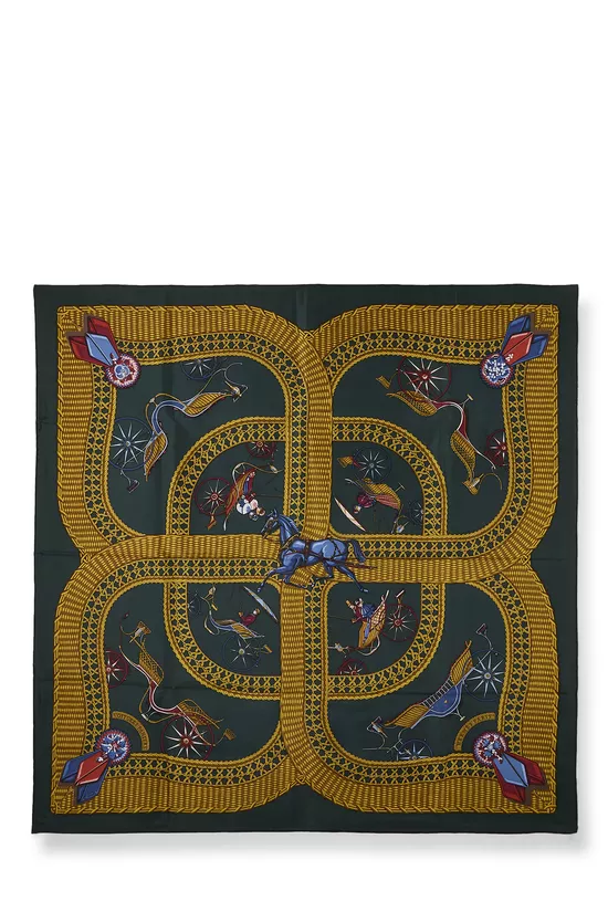 Green & Multicolor 'Voitures Paniers' Silk Scarf 90, , large image number 0