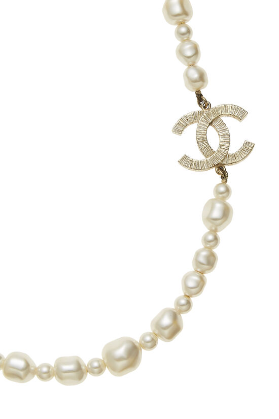Gold & White Faux Pearl 'CC' Necklace, , large image number 1