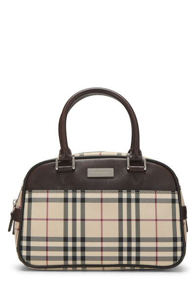 Brown Nylon House Check Bowler Handbag Small