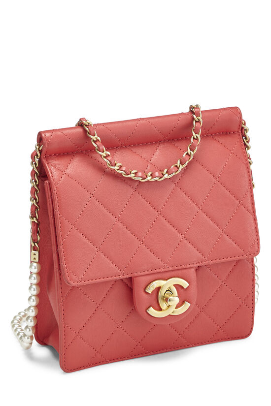 Red Quilted Lambskin Faux Pearl Chain Flap Bag