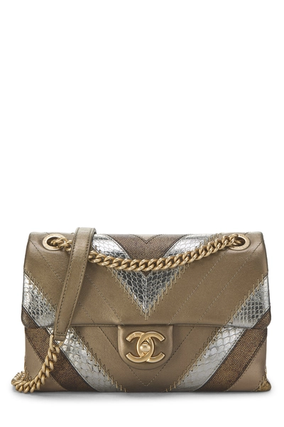 Gold Calfskin Patchwork Chevron Half Flap