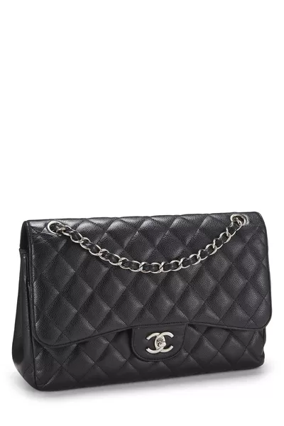 Black Quilted Caviar New Classic Double Flap Jumbo, , large