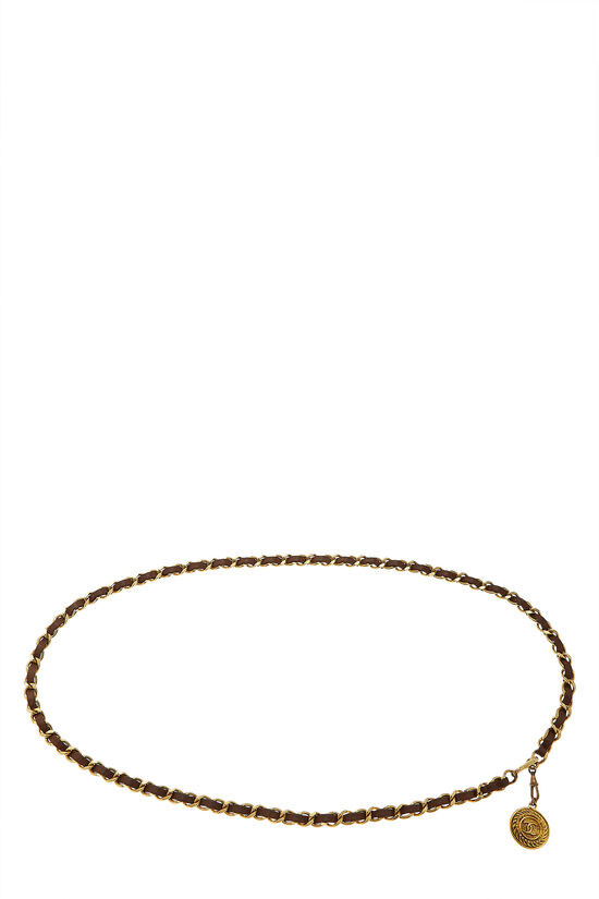 Gold & Brown Leather Chain Belt, , large image number 0