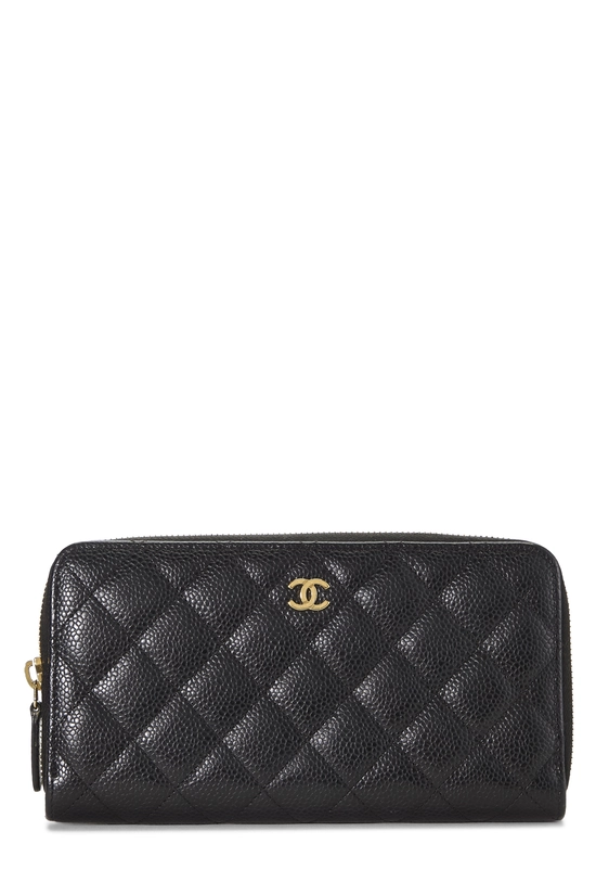 Black Quilted Caviar Zip Around Wallet, , large image number 0