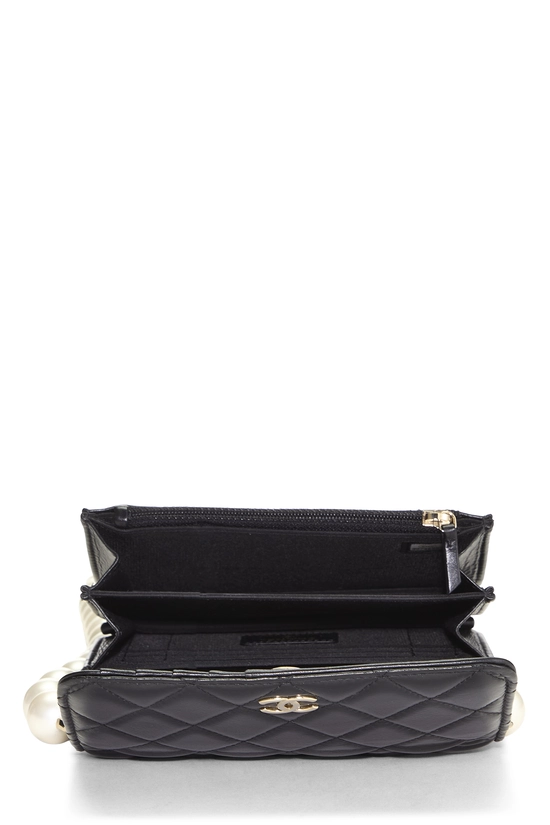 Black Quilted Lambskin Faux Pearl Chain Clutch, , large image number 5