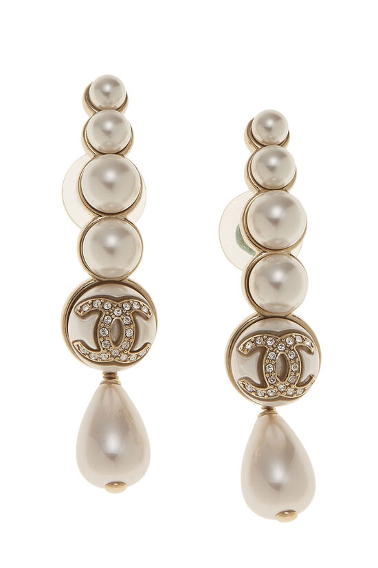 Gold & Faux Pearl 'CC' Dangle Earrings