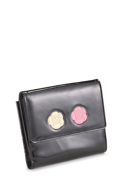 Black Patent Leather Camellia Compact Wallet, , large
