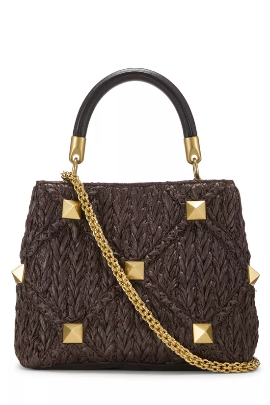 Brown Raffia Roman Stud Top Handle Bag Small, , large image number 3