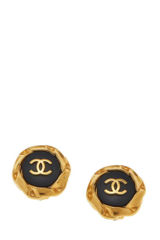 Gold & Black Twist 'CC' Button Earrings , , large image number 1