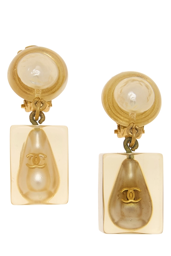 Gold Acrylic Faux Pearl Dangle Earrings, , large image number 0