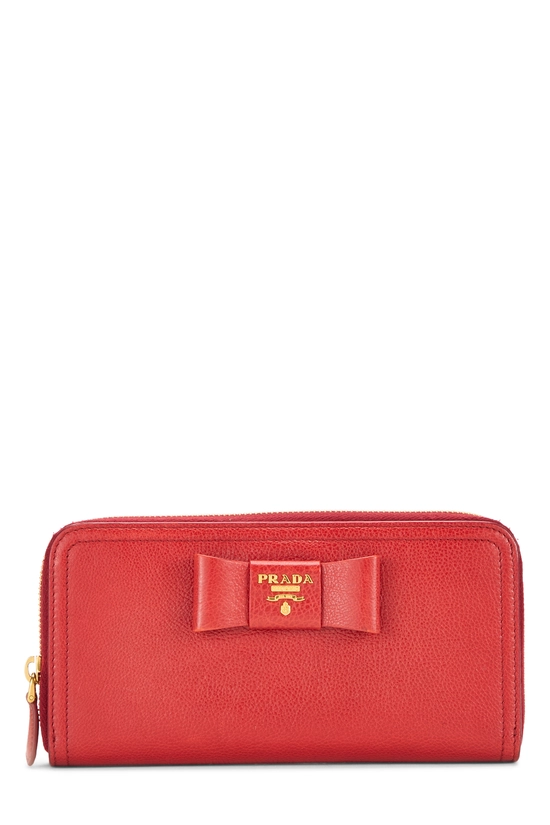 Red Vitello Daino Bow Zip Around Wallet, , large image number 0