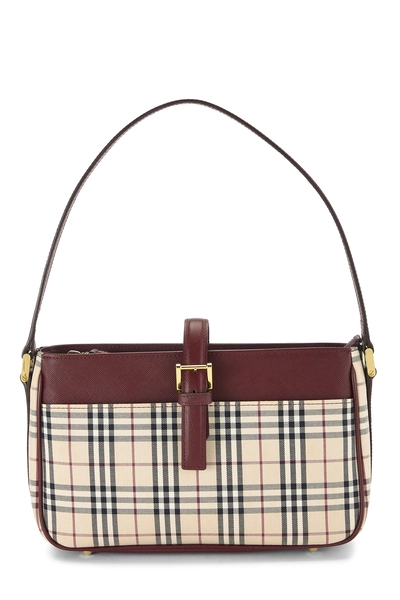 Burgundy Check Jacquard Canvas Buckle Shoulder Bag Small