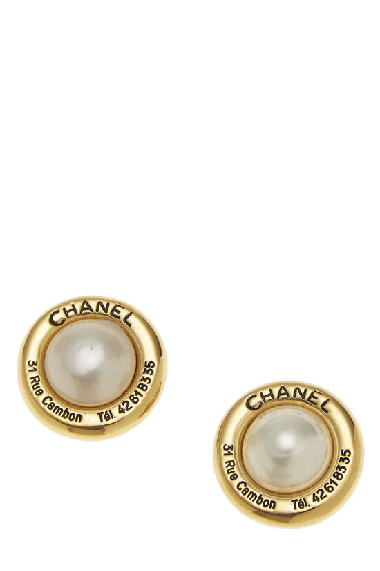 Gold & Faux Pearl 'CC' Button Earrings, , large image number 0