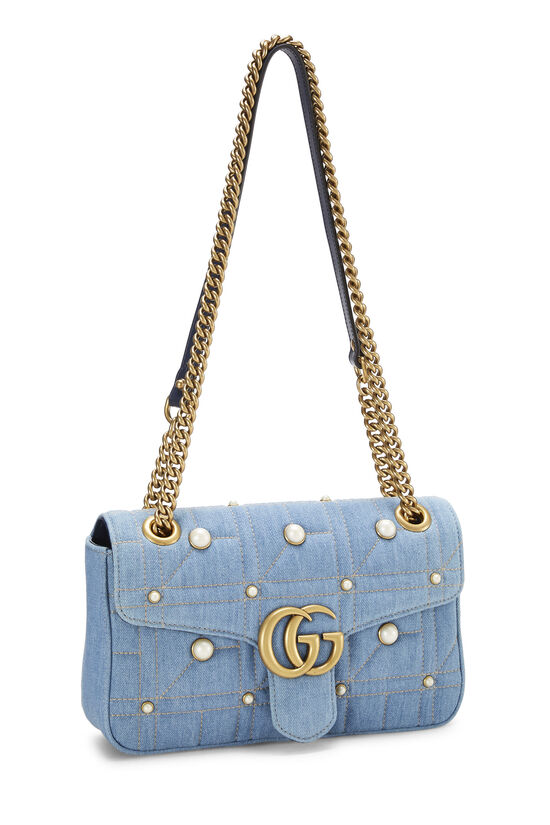 Shop Gucci Blue Quilted Denim Pearl Marmont Crossbody Bag | WGACA