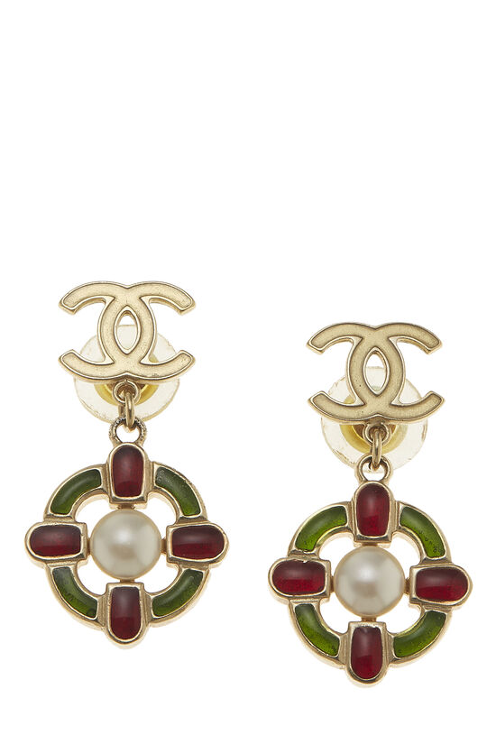 Gold & Multicolor Gripoix 'CC' Earrings, , large image number 0