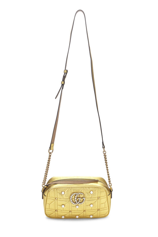 Gold Leather & Faux Pearl GG Marmont Crossbody Small, , large image number 1