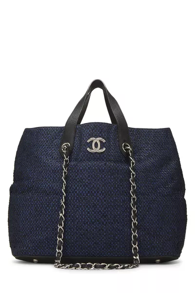 Navy Raffia 'CC' Shopping Tote Large