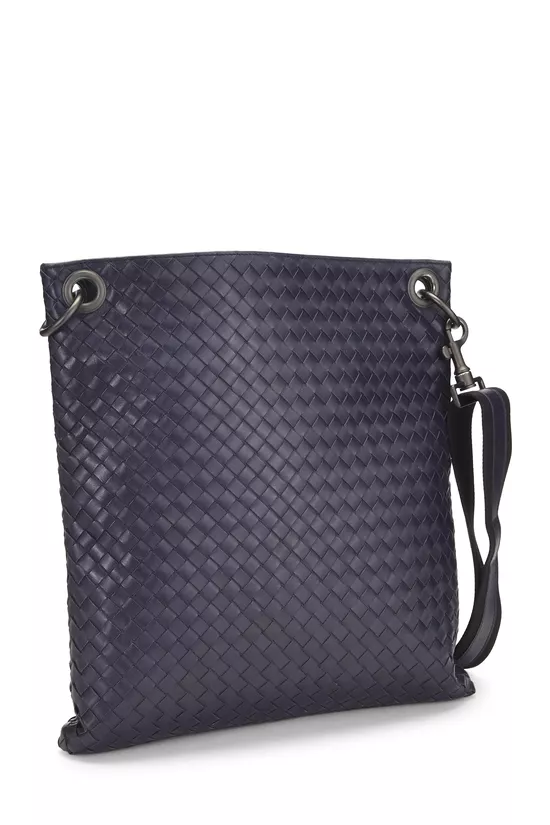 Navy Intrecciato Leather Flat Messenger Bag, , large image number 1