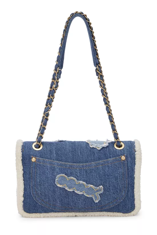 Paris-Egypt Blue Denim & Shearling Hieroglyph Flap Medium, , large image number 3