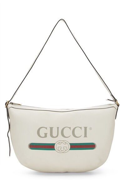 White Leather Logo Print Half Moon Hobo