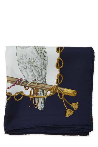 Navy & Multicolor 'Les Oiseaux du Roy' Silk Scarf 90, , large