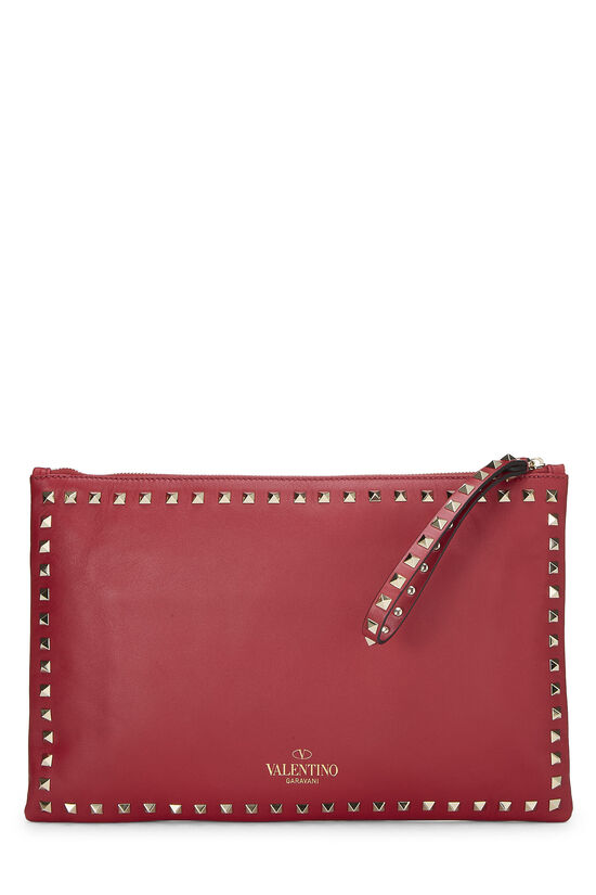 Red Leather Rockstud Spike Clutch, , large image number 0