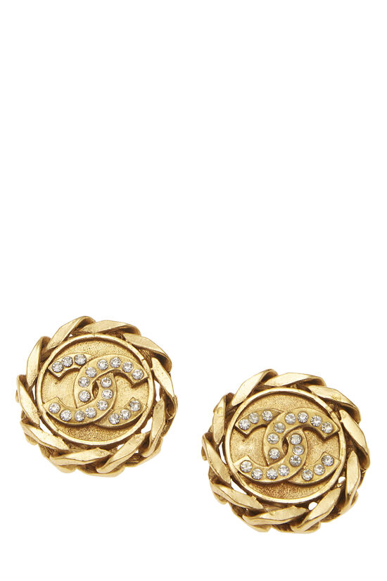 Gold & Crystal 'CC' Logo Chain Button Earrings, , large image number 0